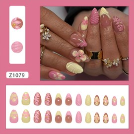 Tyuimhx 3D Flowers Press on Nails Short Almond Fake Nail with 3D Stripe Designs Pink Yellow French Tip False Nails Summer Full Cover Stick on Nail Acrylic Artificial Glue on Nail for Women 24 Pcs