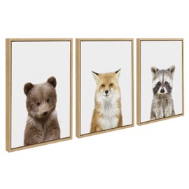 Kate and Laurel Sylvie Studio Bear, Fox, and Raccoon Framed Canvas Wall Art by Amy Peterson Art Studio, 3 Piece 18x24 Natural, Adorable Animal Wall Décor