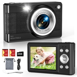 Upgrade Digital Camera, 56MP FHD 1080P for Kids with 16x Zoom Anti Shake, 32GB TF Card, Two Batteries, Lanyard, Compact Small for Boys Girls （Black）