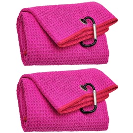 Glamrce 2 Pack Tri-fold Golf Towel Set, Microfiber Fabric Waffle Pattern Towels, Outdoor Sports Towels Heavy Duty Carabiner Clip (Pink x2)