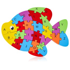 LovesTown Goldfish Wooden Puzzle for Kids, Alphabet and Number Jigsaw Puzzle Montessori Learning Blocks, Educational Preschool Toys for Toddlers, 26 PCS