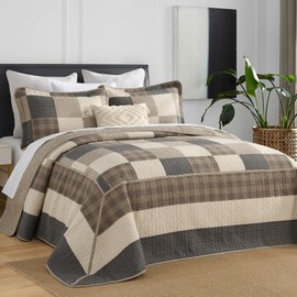 DDUOXIN 3 Piece Oversized King Bedspread 128"x120" - 100% Cotton California King Quilt with 2 Pillow Shams, Farmhouse Lightweight Plaid Bedspreads Coverlet Sets, Charcoal/Beige/Brown