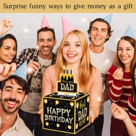 Father Birthday Money Gift Boxes, Black Gold Birthday Money Pull Box for Dad