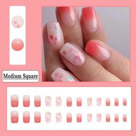 BAOYAALIN Press on Nails Short Medium Square Ombre Orange Red Fake Nails with Flower Design, Press ons Artificial Acrylic Full Cover False Stick on Nail for Women Girls Daily Wear Wedding 24Pcs