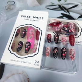 24Pcs Romantic Red Love Heart Press on Nails Rose Flower Acrylic Medium Almond Fake Nails Glossy Red Curve Line False Nails Green Leave Stick on Nails Valentines Gift Gel Glue on Nails for Women Girls