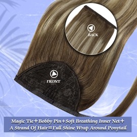 Full Shine Pony Tails Hair Extensions Human Hair Color Brown And Platinum Blonde Real Human Hair Ponytail Extensions Wrap Around Straight Hair 70Grams Hair Extensions 12Inch
