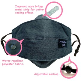 KELAMY 2 Pack of Origami Style Cloth Face Mask Reusable, Filter Pocket, Nose Wire, Chin Cup (2-Pack, Charcoal + Charcoal/Turquoise, Adult Size A - Large)