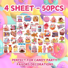 50 PCS Candy Temporary Tattoos for Candy Party Favors, Funny Candyland Lollipop Themed Tattoos for Birthday Party Supplies Super Cute Tattoo Stickers for Party Bag Filler