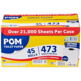 POM Pom Embossed 2-ply Toilet Paper, White, 45 Rolls, 473 Sheets
