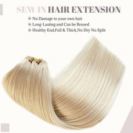 Ice White Weft Hair Extensions Human Hair Light Blonde Sew In Hair Bundles 22 Inch 120 Gram Remy Weft Hairs for Women White Blonde Silky Straight Hand Tied Double Weft Hairs Bundles