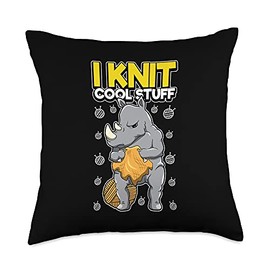 Funny Animals And Knitting Designs Cool Stuff-Rhino Wool Ball Saying-Knitting Throw Pillow, 18x18, Multicolor