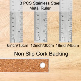 Metal Ruler Set [6+12+18 Inch] – Stainless Steel Rulers with Cork Backing, Non-Slip Measuring Tools with Inch & Centimeter Markings, Drafting and Office Use, Prevents Ink Leakage