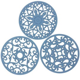 SUNMVEHOT Silicone Trivets Mats Set 3, Multi-Use Intricately Carved Trivets for Hot Dishes & Pots & Pans, Non-Slip&Flexible Round Heat Resistant Pot Holder for Kitchen Table, Countertop Hot Pads Blue