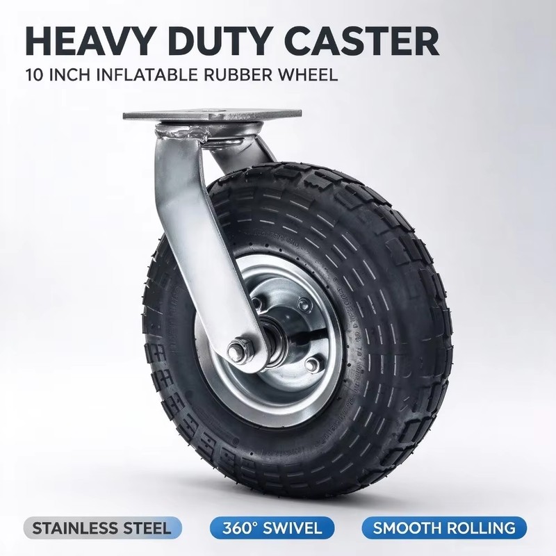 10-Inch Pneumatic Swivel Caster Wheel, Inflatable Rubber Tire with Metal