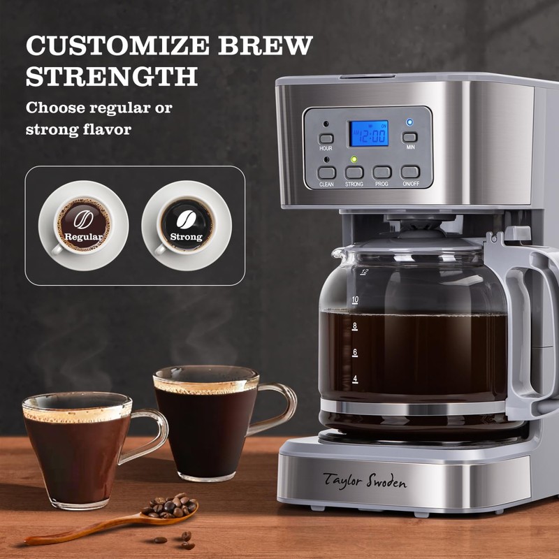 Taylor Swoden 12-Cup Programmable Coffee Maker, Regular & Strong Brew