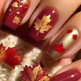 24 Pcs Fall Press on Nails Medium Coffin Fake Nails with Maple Leaves Design Autumn Red False Nail Thanksgiving Maple Leaf Acrylic Stick on Nail for women