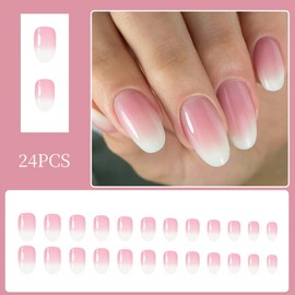Short Press on Nails Oval Shaped Fake Nails White Pink Gradient Acrylic Glue on Nails French Tip Nails Press on Glossy False Nails Cute Natural Stick on Nails Daily for Women Girls 24Pcs