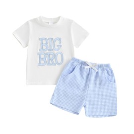 XIXIMAON Baby Boy Matching Brother Outfits Lil Bro Embroidery Short Sleeve T-Shirts Big Brother Plaid Shorts 2pcs Newborn Summer Sibling Clothes Set (Blue, 2-3T)