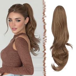 FESHFEN Ponytail Braid with Drawstring, Natural Wavy Layered Hairpiece, Synthetic Toffee Mixed Hair Extensions, Clip-In Ponytail, Hair Braid for Women, 50 cm