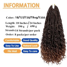 BIBHAIR Box Braids Pre-looped Goddess Crochet Hair Boho Style 8 Packs 18 Inch Box Braiding Wigs With Curly Ends 112 Strands Color T30 Bohemian 3 Strands Braided Synthetic Hair Extensions for Women.