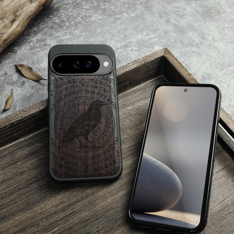 Carveit Wood Case for Pixel 10, (The Haloed Crow) Blackwood