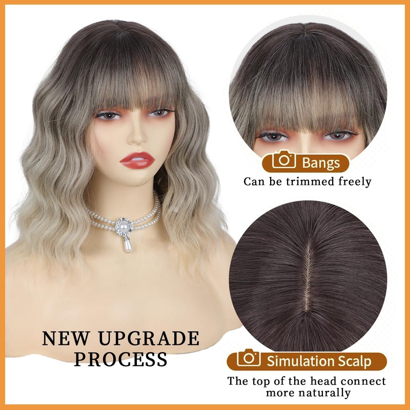Ombre Dirty Blonde Wig With Bangs for Women Short Bob