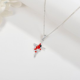 JERWLI Cardinal Cross Necklace S925 Sterling Silver Red Cardinals Bird Necklaces Faith Christian Jewelry Cardinal Gifts For Women Female