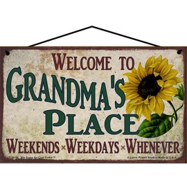 5x8 Vintage Style Sunflower Sign - Welcome to Grandma's Place Weekends, Weekdays, Whenever - Colorful Decorative Household Family Home Décor Wall Art for a Grandmother, Gift for Grandparents