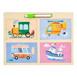 BLOOPIC Wooden Puzzle, Shape Matching Puzzle, 4 in 1 Puzzle, Erasable Drawing Board, Early Development for Toddlers, Color Cognition, Brain Training, Hand Eye Coordination, Train/Airplane/Bus/Ship 1-5
