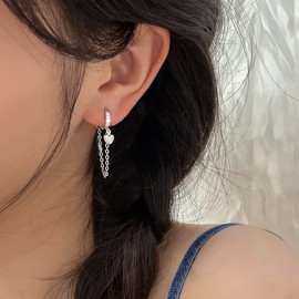 Dangle Drop Heart Tassel Small Hoop Earrings for Women Cartilage Cubic Zirconia Crystal Huggie Hoops Long Chain Dangling Earring Cuffs Dainty Jewelry Gifts Valentine's Day (Silver)