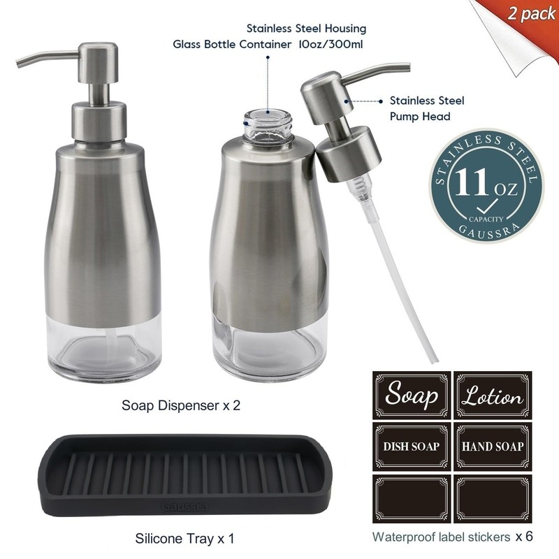 Gaussra Kitchen Soap Dispenser Set with Silicone Tray and Stickers