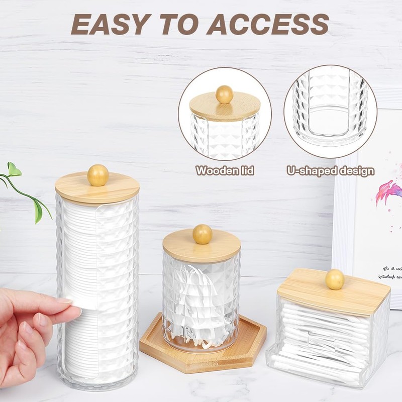 HOTUT 3PCS Cotton Pad Holder, Bathroom Jars Cotton Swab Box