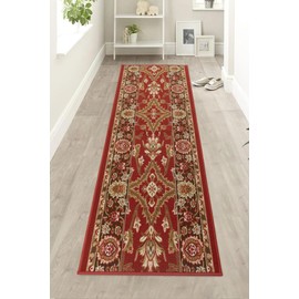 English Home Custom Size Anti Slip Low Profile Loop Pile Chandelier Floral Red Design Runner Rug (Red, 26" x 12')