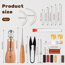 24pcs Speedy Stitcher Leather Sewing Awl Kit Professional Portable Leather Stitching Tool with Straight Curved Needles Waxed Threads Screwdriver Scissors Tape Measure for Furniture Repair DIY Craft