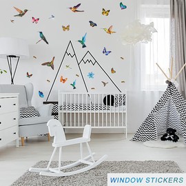 32Pcs Watercolor Butterfly and Hummingbird Stickers, Bee Dragonfly Flower Wall Decals, Self Adhesive Flying Bird Art Decor for Bedroom, Nursery, Kids Playroom