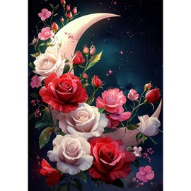 QENSPE Rote Weiße Rose Diamond Painting, Mond Diamonds Art Set Erwachsene, 5D Diamant Malerei DIY Diamants Kunst Handwerk für Haus Zimmer Wand Dekor 30x40cm