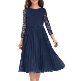 HOSIKA Autumn Girls, Little Kid Kids Lace 3/4 Sleeve Floral A-Line Pleated Casual Party Midi Dress Navy Blue 8 Years