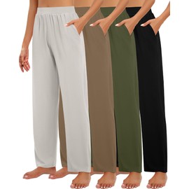 Neer 4 Pack Women's Wide Leg Sweatpants, Lounge Pajama Pants Loose Cotton Yoga Pant Elastic Waist Workout Jogger with Pockets(Black, Army Green, Coffee, Light Gray,X-Large)