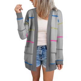 Sidefeel Womens Striped Cardigan 2025 Casual Long Sleeve Open Front Loose Knit Lightweight Fall Sweaters Gray Medium