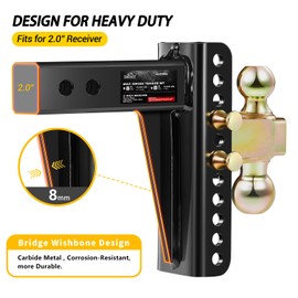 Adjustable Trailer Hitch, Fits 2.0-Inch Receiver, 8-Inch Drop/Rise,2" & 2-5/16" Ball Hitches for Trucks, 18,000 LBS GTW - Receiver Hitch with Anti-Theft Pin, Solid Ball Mount, BLK,X-452008
