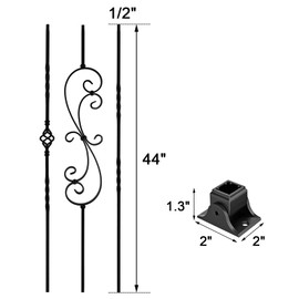 Zwinz 10 Pack Wrought Iron Balusters, 1/2" x 44" Balusters for Staircase Interior, Decorative Metal Stair Spindles with 20 Fixed Swivel Shoes, Satin Black