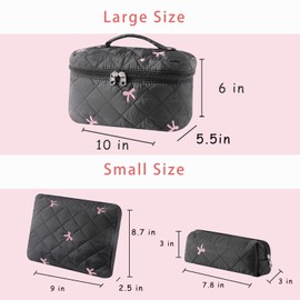 RSRSLEII 3Pcs Large Cotton Quilted Makeup Bag Set, Cute Coquette Floral Cotton Cosmetic Bag with Bows, Aesthetic Travel Organized Toiletry Bags for Women Girls（05Black Bows）