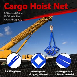 Cargo Lifting Net 4400LBS, 6.56'x6.56' Safety Lifting Net Straps for Hoist 15cm Square Mesh, Sling Hoisting Net, Heavy Duty Cargo Net for Construction Moving Hoisting Loading Unloading (Blue)