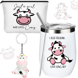 Sieral 3 Piezas Copa de Vaso Set de Regalo de Agradecimiento Incluye Vaso de Acero Inoxidable Bolso de Cosméticos Llavero Primeros Regalos de Vuelta al Cole para Hijas Maestras Amigas (Vaca)