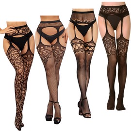 Coosalola 4 Pairs Women's Fishnet Stockings Tights High Waist Lace Suspender Pantyhose