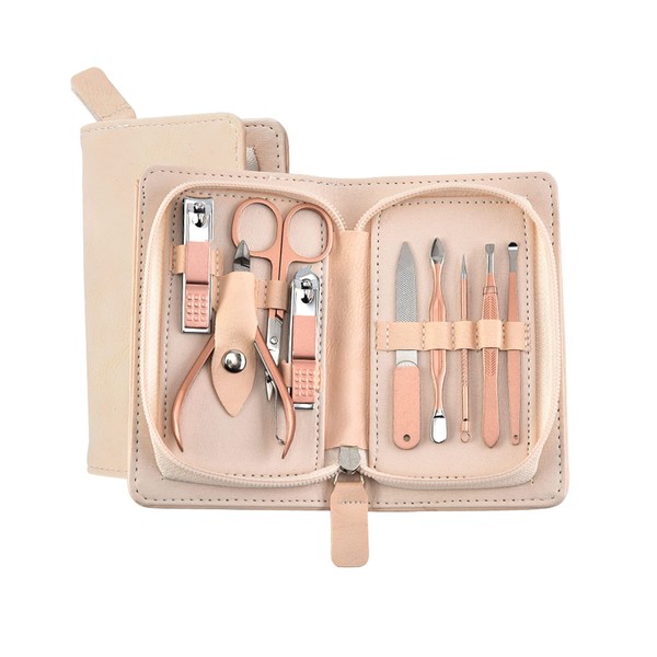 9 in 1 Portable Manicure Set, Nail Clippers and Beauty Tool Set, Rose Gold Martensitic Stainless Steel Nail Care Kit with Leather Bag for Home Outdoor Travel Beauty Salon Gifts