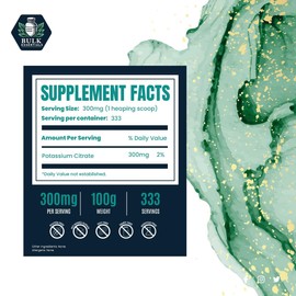 Bulk Essentials Potassium Citrate Supplement – 100g Pure Powder for Muscle, Heart, Nerve & Electrolyte Support – USA Made, Non-GMO & Gluten Free – Potassium Supplement 300mg Per Serving