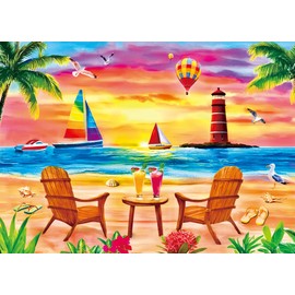 500 Piece Puzzle for Adults - Jigsaw Puzzles - Seaside Relaxation - Sunset Lighthouse Beach Chair