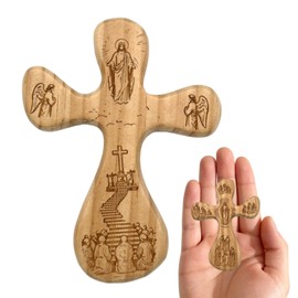 Goodangie00 Handcrafted Solid Wood Hand Held Pocket Stress Fidget Cross, Mini Double‑sided Carved Jesus Wall Crucifix Christian Gift for Home Church Daily Carry Worship Craft Religious Christmas Gift