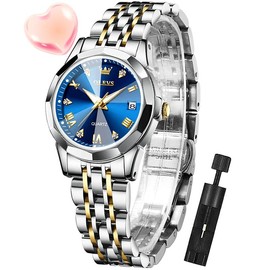 OLEVS Women Watch Fashion Dress Diamond Female Watches Waterproof Luminous Day 9931 - Color: Two Tone Strap - Blue Dial Gold Trim